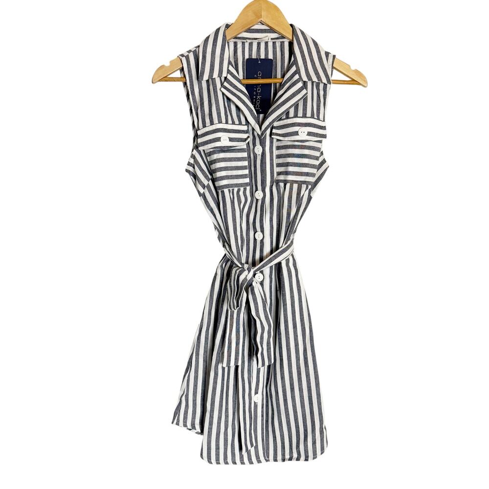 Anna-Kaci White Navy Striped Belted Tie Waist Coastal Sleeveless Shirt Dress M
